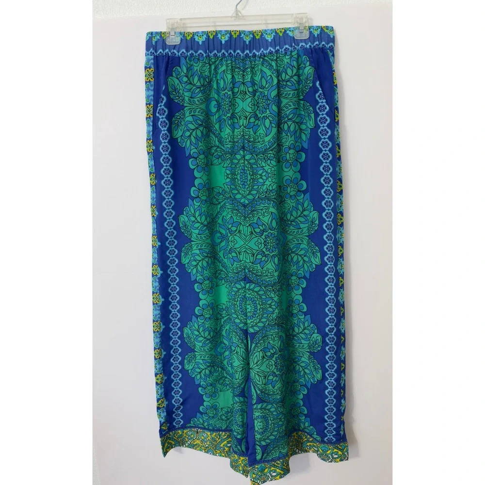 Johnny Was Diomedes Villa Silk Wide Leg Pant Blue Green Floral Med. Boho Luxury - Picture 1 of 12